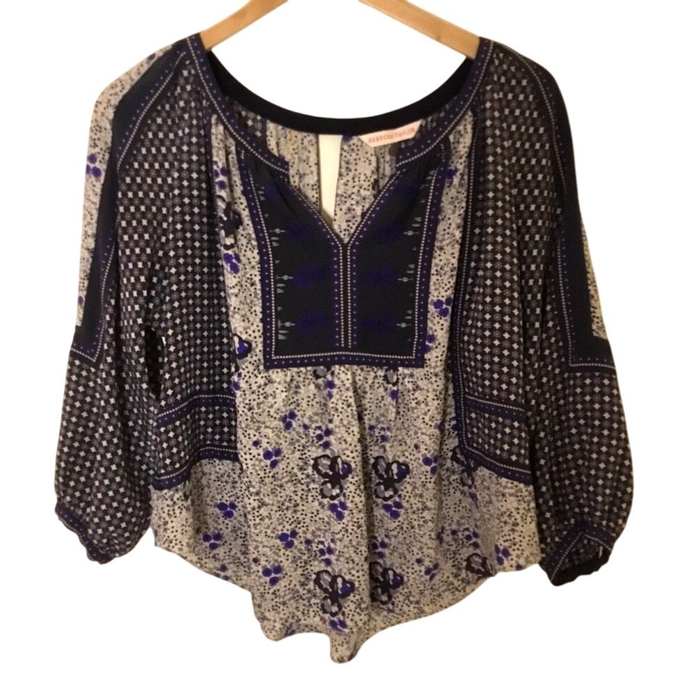 Rebecca Taylor blue White floral silk BoHo 3/4 sleeve Blouse/Top sz 4